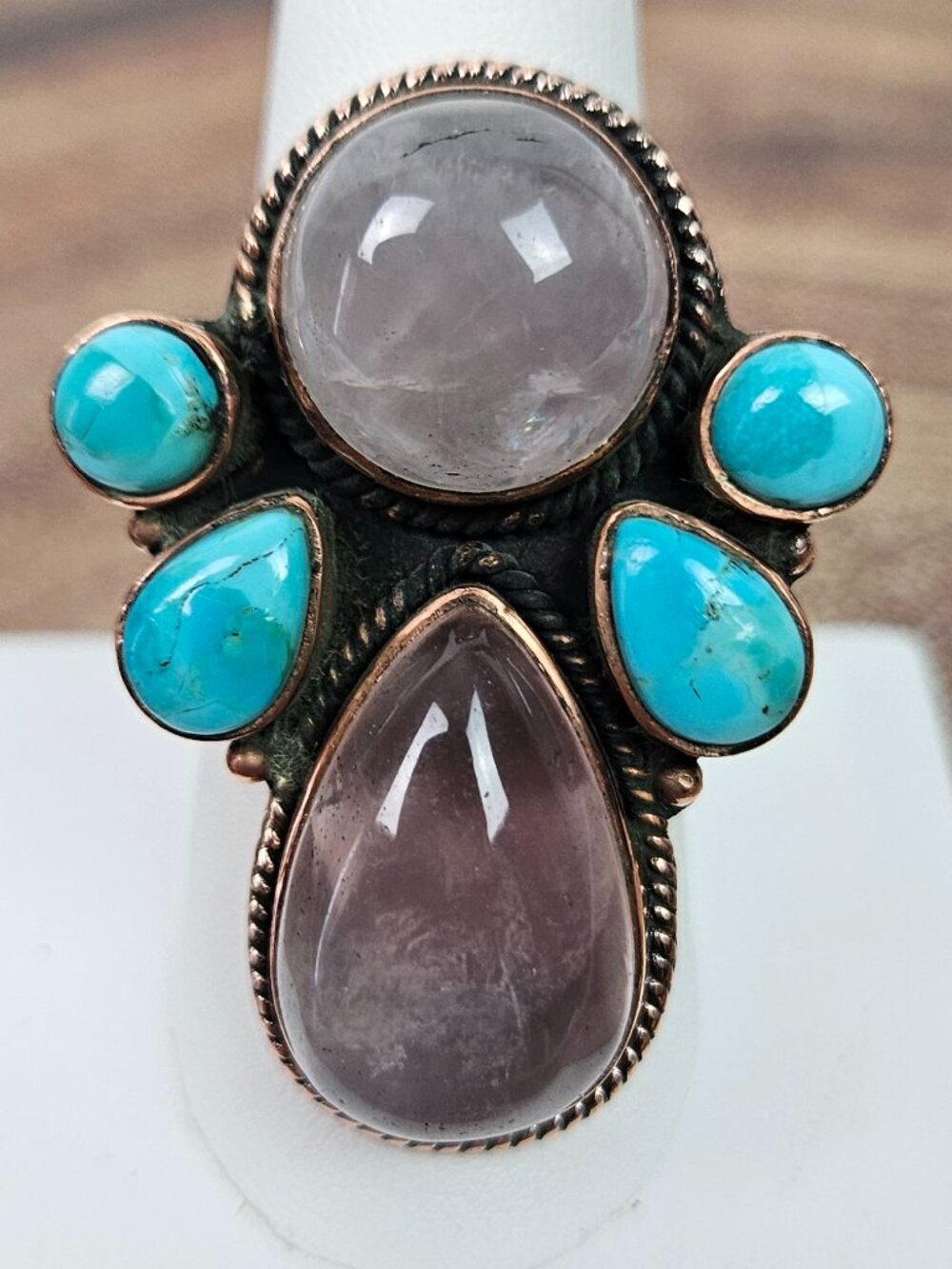 Rose Quartz Kingman Mohave Turquoise Copper Large Cluster Ring 5-12 Adjustable